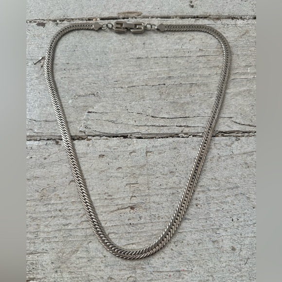 Vintage Jewelry - Vintage Givenchy Silver Tone GG Clasp Herringbone Chain